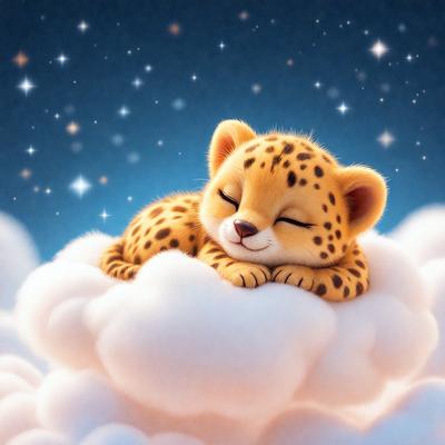 The image features a cute, sleeping baby cheetah, lying on a cloud. The baby cheetah is the primary subject of the image, and the cloud serves as the setting or background. The visual style of the image is a combination of digital art and illustration, creating a whimsical and adorable scene. The colors and mood of the image are predominantly pink and white, giving it a warm and comforting atmosphere.